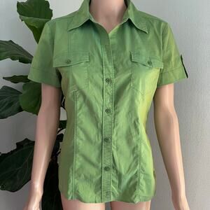 Y2K New York & Company Stretch Green Utility Button Down Shirt